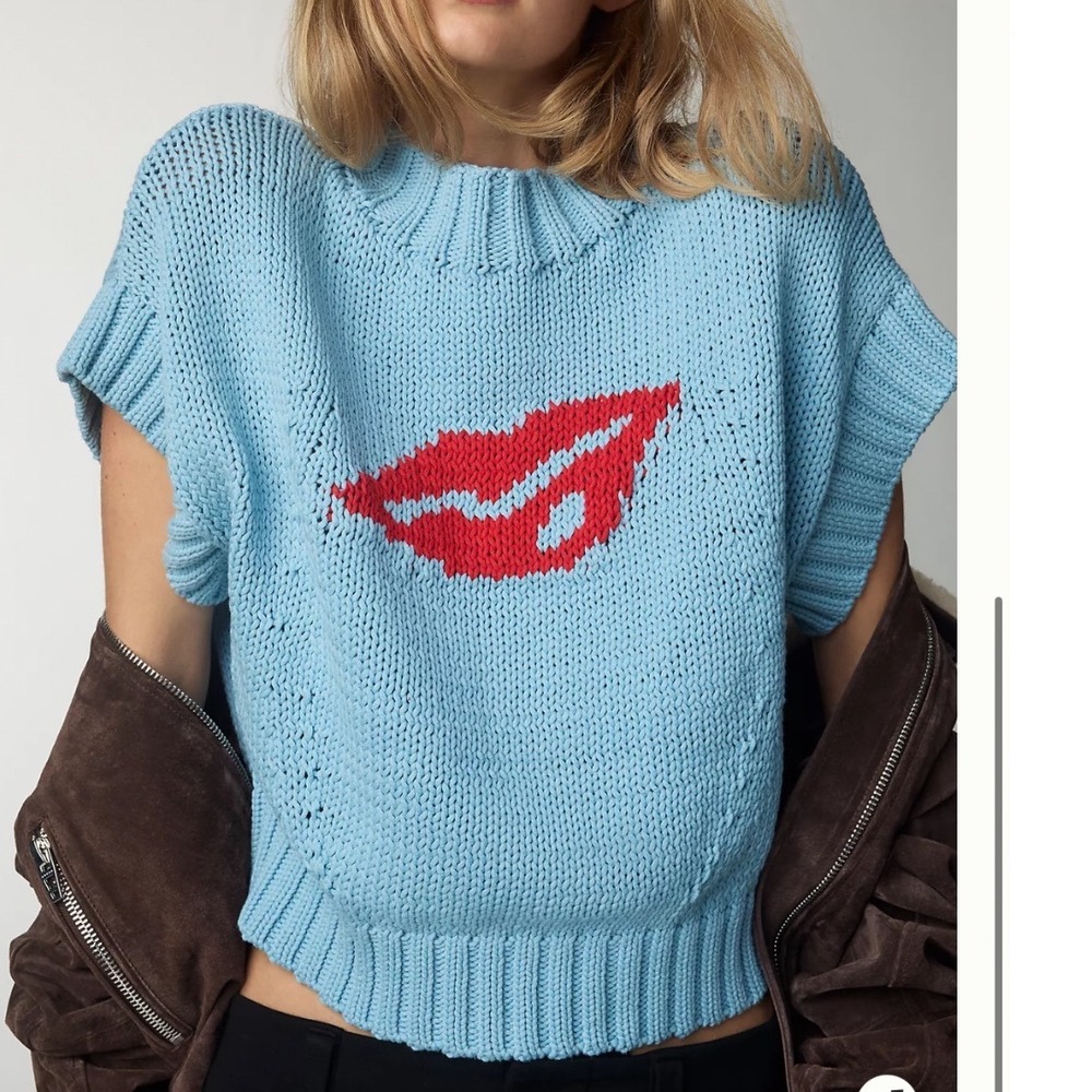 Maeve Pippa Mock-Neck Sweater Blue Red Lips Size Medium